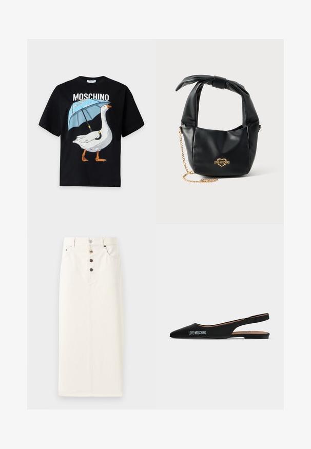 Zwart Moschino T-shirt met een afbeelding van een witte gans die een blauwe paraplu vasthoudt en de merknaam erboven.; Witte denim rok met knopen in een rechte pasvorm, voorzien van vijf metalen knopen en twee zijzakken, met een gladde textuur en een knielange ontwerp.; Zwarte puntige slingback platte schoen met lage hak en "LOVE MOSCHINO"-logo aan de zijkant tegen een effen lichte achtergrond.; Zwarte zachte leren Love Moschino handtas met geknoopt handvat en gouden kettingriem op een witte achtergrond.