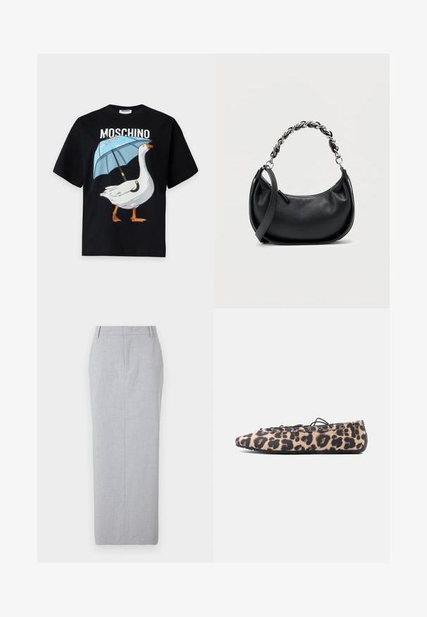 Sort Moschino T-shirt med en grafik af en hvid gås, der holder en blå paraply, og brandnavnet ovenover.; Grå skræddersyet blyantskirt lavet af glat stof. Har en lige skæring, flad front og ingen synlige lommer.; Flad sko med leopardmønsterstof, sorte snørebånd trådet gennem metaløjer og en fleksibel gummisål på hvid baggrund.; Sort læderhåndtaske med rundet form, dobbelt strop med en kraftig sølvkæde og en lynlåslukning øverst. Glat tekstur.