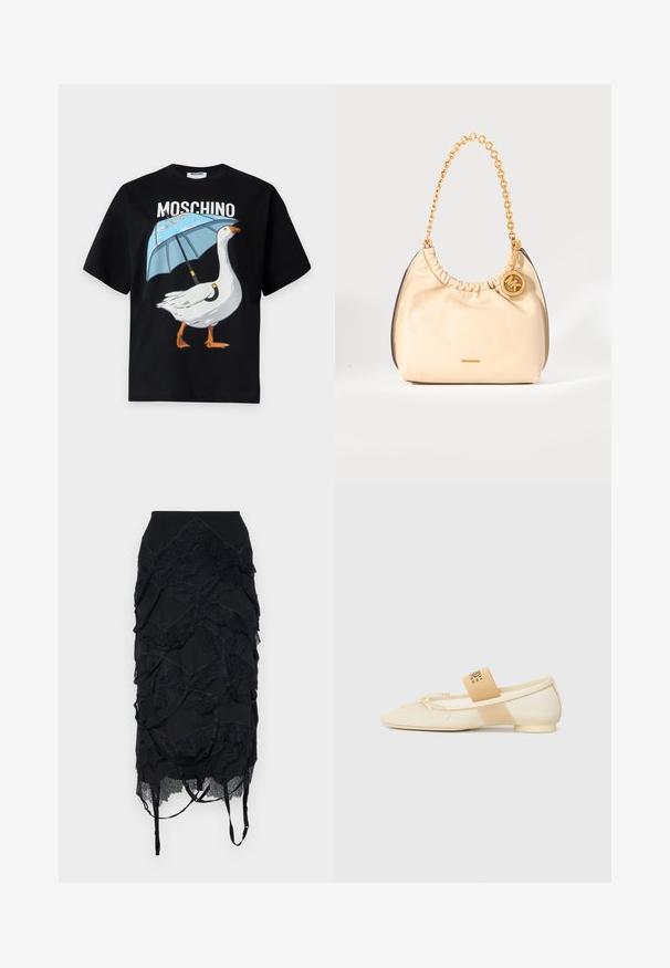 Sort Moschino T-shirt med en grafik af en hvid gås, der holder en blå paraply, og brandnavnet ovenover.; Sort nederdel med lagdelte blondeaccenter, en tætsiddende talje og justerbare stropper. Designet inkluderer et bølge-lignende mønster gennem det hele.; Kræmfarvet flad sko med spids tå, snøredetalje og en dekorativ rem med logo på siden. Glat tekstur, lav hæl.; Beige blød lædertaske med guldkæde og rund MK-logo vedhæng, med lille gyldent Michael Kors-mærke foran.
