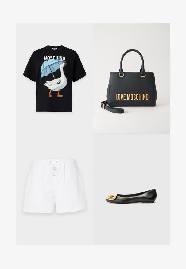 Μαύρο T-shirt Moschino με γραφικό μιας λευκής χήνας που κρατάει μια μπλε ομπρέλα και το όνομα της μάρκας από πάνω.; Λευκές σορτς με ελαστική μέση, λεπτομέρεια κορδονιού, δύο πλαϊνές τσέπες και λεία υφή. Ιδανικές για ζεστό καιρό.; Μαύρο δερμάτινο μπαλαρινάκι με στρογγυλή μύτη, διαθέτει μεταλλικό χρυσό αξεσουάρ σε σχήμα κοχυλιού στο μπροστινό μέρος. Λείος υφή, χαμηλό τακούνι.; Μαύρη γυναικεία τσάντα με διπλές λαβές και αποσπώμενο λουρί ώμου, με χρυσά γράμματα "LOVE MOSCHINO" μπροστά.