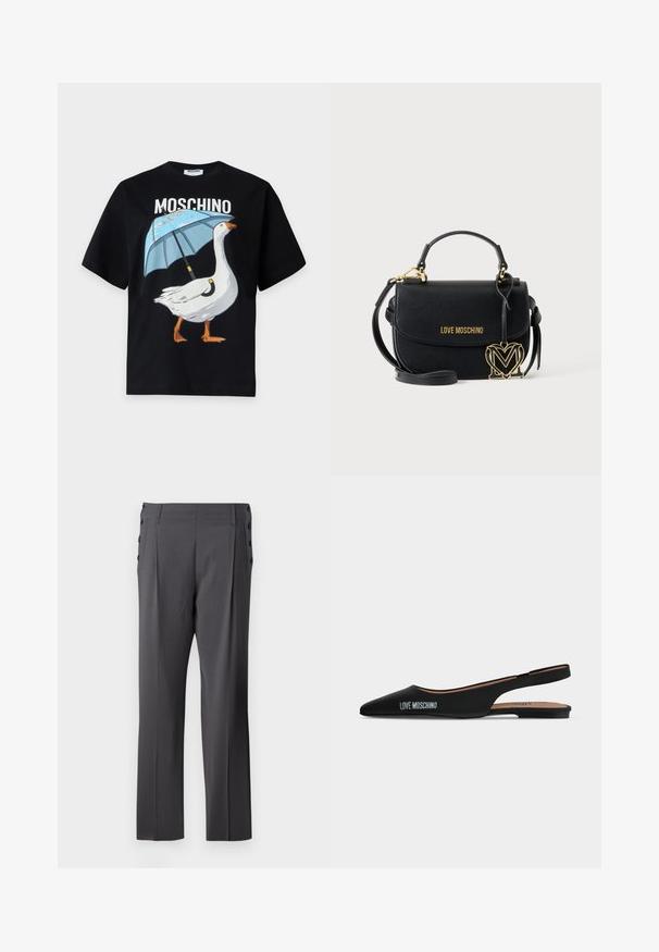 Μαύρο T-shirt Moschino με γραφικό μιας λευκής χήνας που κρατάει μια μπλε ομπρέλα και το όνομα της μάρκας από πάνω.; Γκρι κομμένα παντελόνια με ίσια γραμμή, εμπρός πτυχώσεις και διακοσμητικά κουμπιά στο πλάι για επιπλέον λεπτομέρεια. Απαλή υφή υφάσματος.; Μαύρο μυτερό πάνινο παπούτσι slingback με χαμηλό τακούνι και λογότυπο "LOVE MOSCHINO" στο πλάι, σε απλό φωτεινό φόντο.; Μαύρη τσάντα Moschino με πάνω λαβή, ρυθμιζόμενο ιμάντα ώμου, χρυσό λογότυπο μπροστά και χρυσό κρεμαστό καρδιάς στο πλάι.
