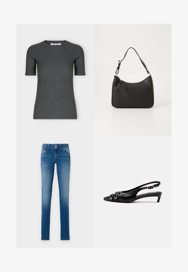 Camiseta de punto gris oscuro de manga corta con cuello redondo, ajuste entallado y diseño sencillo mostrada sobre un fondo blanco.; Vaqueros de mezclilla azul con un lavado desgastado, que cuentan con un diseño clásico de cinco bolsillos, cierre de botones y un corte recto.; Zapato slingback de cuero negro con punta puntiaguda, tres hebillas plateadas en la parte delantera y tacón bajo tipo «kitten» sobre fondo blanco.; Bolso de mano de cuero negro con forma curvada, una sola correa, cierre de cremallera y marcas sutiles en la parte frontal. Textura suave, diseño minimalista.