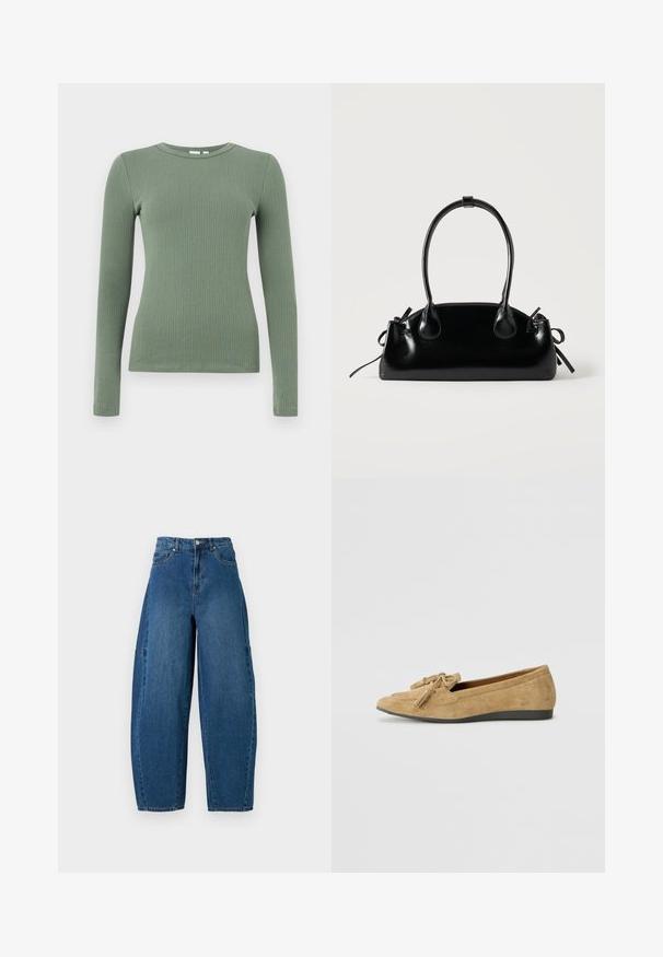 Langærmet, ribstrikket top med rund hals i afdæmpet grøn farve med en tætsiddende silhuet.; Denimjeans i en mellemblå vask, med højt liv, bred benpasform og standard fem-lomme design med synlige stikninger.; Læderflade sko i lys brun med rund tå og dekorative kvastdetaljer. Sålen er i struktureret sort gummi for godt greb.; Lille sort blank håndtaske med to lange håndtag og snøre-detaljer i siden på en ensfarvet lys baggrund.