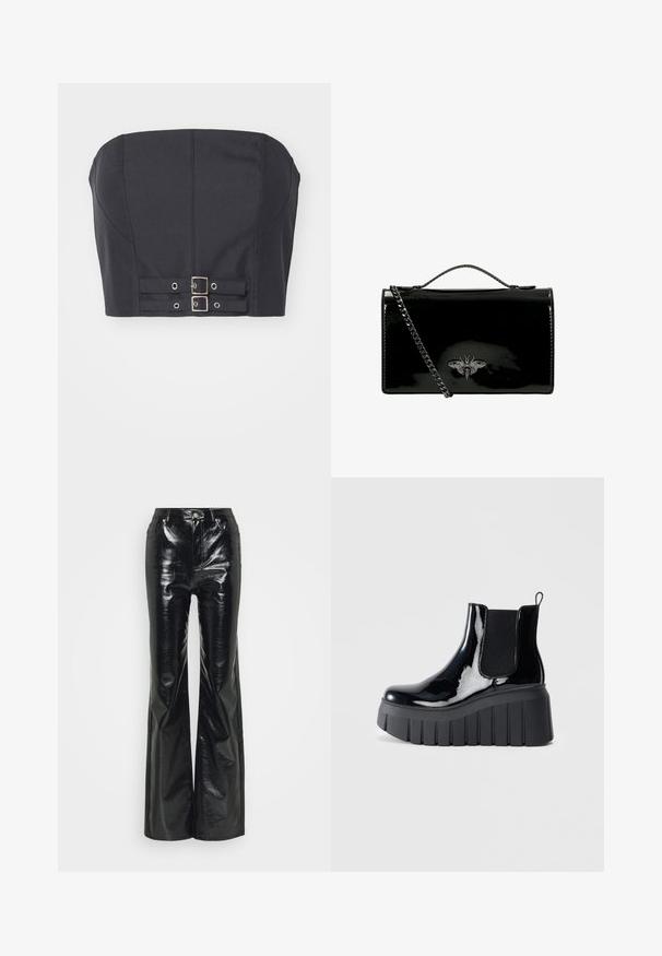 Sort cropped top uden stropper med struktureret bodice, der har syninge og dobbelte metalspænder foran til lukning.; Sorte faux læder flare bukser med en blank finish, der har en høj talje, forlommer og sølvfarvede hardware-detaljer.; Sort lakeret ankelsko med elastiske sidepaneler, chunky platformsål og en løkke til at trække i bagpå. Glat tekstur og slankt design.; Sort lakeret håndtaske med kædesti, der har et dekorativt metalbi-emblem på fronten. Rektangulær form med blank overflade.