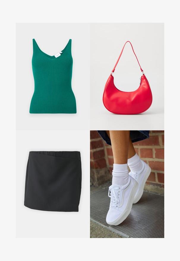Débardeur vert côtelé avec un décolleté en V profond et des bretelles étroites. Présente une silhouette ajustée et est fabriqué dans un matériau doux et extensible.; Mini-jupe noire avec une texture de tissu lisse, présentant un design enveloppant et un ourlet droit. Pas de matériel visible ni de motifs.; Baskets en toile blanches avec semelles en caoutchouc, dotées de six œillets, d'un bout rond et de détails de couture légers, portées avec des chaussettes blanches mi-mollet.; Sac à épaule en simili cuir rouge au design courbé, avec une bandoulière fine et une fermeture éclair. Texture lisse avec des détails de couture visibles.