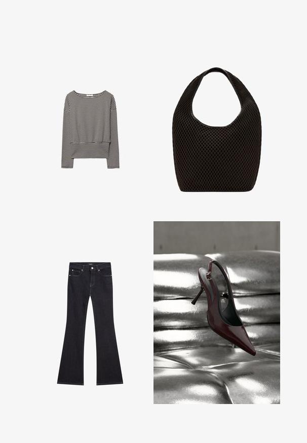 Langærmet cropped top med sorte og hvide vandrette striber og en bred rund halsudskæring.; Sorte flared jeans lavet af denim, med fem lommer, kontraststikninger og en knap- og lynlås-lukning foran.; Mørkerød slingback højhælet sko med spids snude, hvilende på en blank, metallisk sølv polstret overflade.; Sort åbenvævet mesh-tote med rundet topgreb og bredt, buet kropsdesign.