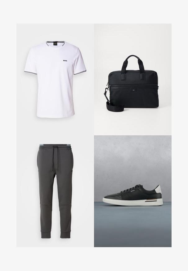 Camiseta de algodón blanca con mangas cortas, con un cuello redondo y rayas negras en el cuello y los puños de las mangas. Pequeño logotipo "BOSS" en el pecho.; Pantalones de chándal gris carbón con cinturilla elástica, cordón ajustable, bolsillos laterales y puños acanalados. Textura suave y diseño ajustado.; Zapatilla de cuero negra con suela blanca, cuenta con perforaciones, diseño de cordones, logo en el costado y detalle del talón en blanco y marrón.; Bolsa para portátil de nylon negro con dos asas, una correa desmontable, un bolsillo con cremallera y un branding sutil. Superficie texturizada con un diseño elegante.