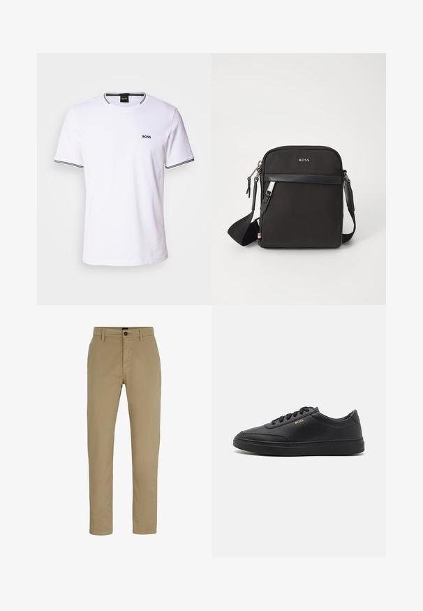 Hvid bomulds t-shirt med korte ærmer, der har en rund halsudskæring og sorte striber på kraven og ærmeenderne. Lille "BOSS" logo på brystet.; Beige bomulds chinos med slim-fit, flad front og knaplukning. Har bæltestropper og sidelommer for funktionalitet.; Sorte lædersneakers med en glat overflade, rund tå, flad gummisål og tonede snørebånd. Udstyret med guld "BOSS" branding på siden.; Sort crossbody taske med et struktureret stof, logo på fronten, lynlås lukning og justerbar rem. Har en glat læderkant.