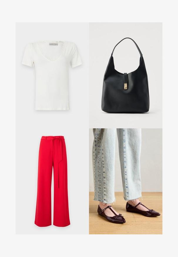Haut blanc à manches courtes avec col en V bordé de dentelle, étiquette Anna Field, présenté sur un fond uni.; Pantalon rouge à jambes larges avec une taille haute et une ceinture en tissu assorti nouée à l'avant.; Ballerines bordeaux brillantes avec une bride en T, ornées d'un nœud à l'avant. Portées avec un jean court en denim bleu clair.; Sac hobo en cuir noir à finition texturée, doté d'un fermoir doré et d'une anse incurvée unique pour un port à l'épaule.