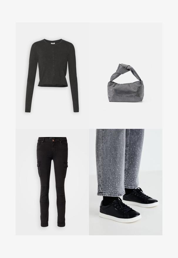 Zwarte langesleeve crop top met een ronde halslijn, voorzien van een subtiele versleten textuur en een rechte zoom. Geen zichtbare hardware.; Zwarte cargo pantalons van stevige stof, met zijzakken, taps toelopende pijpen, knieschotten en elastische boorden bij de enkels.; Zwarte leren sneakers met witte rubberen zolen en textuuraccenten. Gecombineerd met grijze denim spijkerbroeken versierd met geborduurde zilveren stippen.; Zwarte en zilveren handtas met een gestructureerd oppervlak dat een diamanten patroon vertoont, een geknoopt handvat en een gestructureerde vorm.