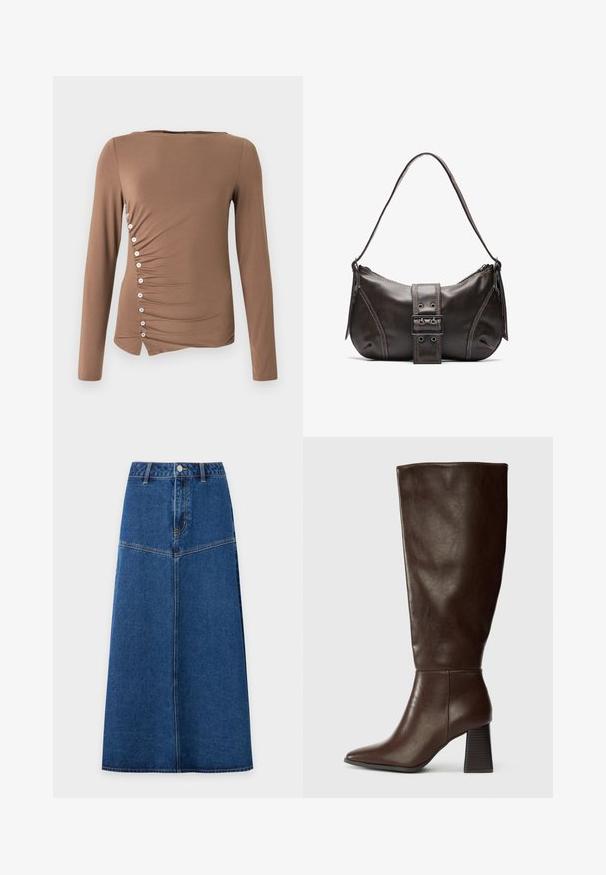 Haut marron à manches longues en tissu extensible, présentant un design froncé sur le côté avec des boutons blancs le long de la couture gauche et un ourlet asymétrique.; Jupe midi en denim bleu avec boutons sur le devant et détails de couture, légèrement évasée de la taille à l'ourlet sur fond blanc.; Botte en cuir marron hauteur genou avec un bout pointu et un talon texturé épais. Fini lisse avec des détails de couture minimaux.; Sac à épaule en cuir marron avec une forme courbée, présentant un détail de boucle proéminent, des coutures contrastantes et une seule bandoulière.