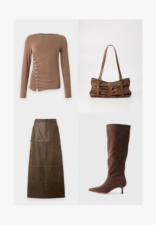 Braunes Langarmoberteil aus dehnbarem Stoff, mit einem gerafften seitlichen Design, weißen Knöpfen entlang der linken Naht und einem asymmetrischen Saum.; Midi-Rock aus braunem Leder mit hoher Taille, Fronttaschen und einer glatten Textur mit sichtbaren Nähten.; Braune Wildleder-Stiefel in Kniehöhe mit spitzem Zehenbereich, schlankem Absatz und glatter Textur; zeichnet sich durch ein tailliertes Design und minimalistische Schneiderkunst aus.; Even&Odd by Zalando Handtasche - brown