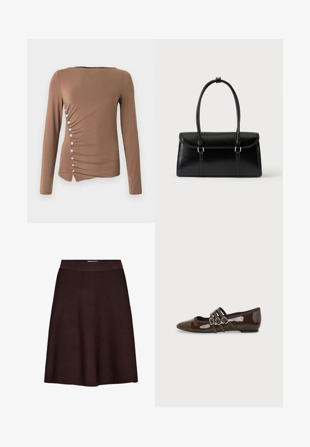 Haut marron à manches longues en tissu extensible, présentant un design froncé sur le côté avec des boutons blancs le long de la couture gauche et un ourlet asymétrique.; Jupe trapèze marron foncé avec une ceinture ajustée, en tissu lisse et texturé, présentée sur fond blanc.; Chaussure plate en cuir verni marron avec bout pointu et trois brides ajustables à boucle sur le côté, vue du profil extérieur.; Sac à main rectangulaire en cuir noir avec fermeture à rabat et deux longues anses sur fond blanc uni.