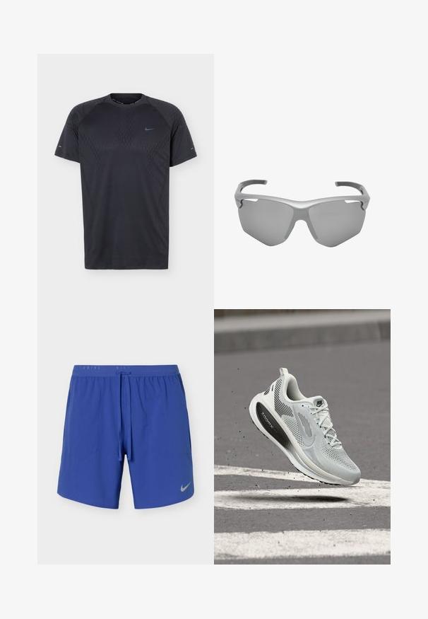 Sort atletisk t-shirt med korte ærmer og subtilt mønster samt lille blåt Nike Swoosh-logo på bryst og ærmer, vist på ensfarvet baggrund.; Blå atletikshorts med elastisk talje, snøre, sidelommer og lille reflekterende Nike-logo på venstre ben.; Lysegrå atletiksko med sort "ZoomX" sål, hvide snørebånd og "RUN" label, vist i luften over asfalt med hvide striber.; Sports solbriller med indfatning, enkelt mørkt tonet linse og tyk buet grå ramme designet til udendørs brug.