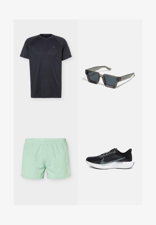 Sort atletisk t-shirt med korte ærmer og subtilt mønster samt lille blåt Nike Swoosh-logo på bryst og ærmer, vist på ensfarvet baggrund.; Lysegrønne atletikshorts med elastisk talje og små perforeringer for åndbarhed, Nike-logo på det nederste højre ben.; Sort atletiksko med en åndbar mesh-overdel, grå accenter, en polstret hvid sål og et slankt, strømlinet design.; Jack & Jones JACPETER SUNGLASSES UNISEX - Solbriller - grey