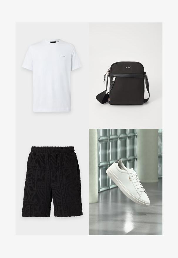Valge puuvillane T-särk lühikeste varrukatega, soonikkoes ümberkaela kraega ja väike hall "BELSTAFF" logo vasakul rinnaosas.; Must have tekstuuriga mustad lühikesed püksid, millel on reljeefne lehe muster, elastne vöökoht ja küljetaskud. Lõbus disain ja keskmise reie pikkus.; Valge nahast madala säärega tenniskingad paeltega, must kannaosa ja "BOSS" logo, hõljuvad siseruumis klaasplokkidest seina ja läikiva põranda lähedal.; Must mustra kott, millel on tekstuuriga kangas, logo ees, lukuga sulgemine ja reguleeritav rihm. Funktsiooniks on sile nahaäär.