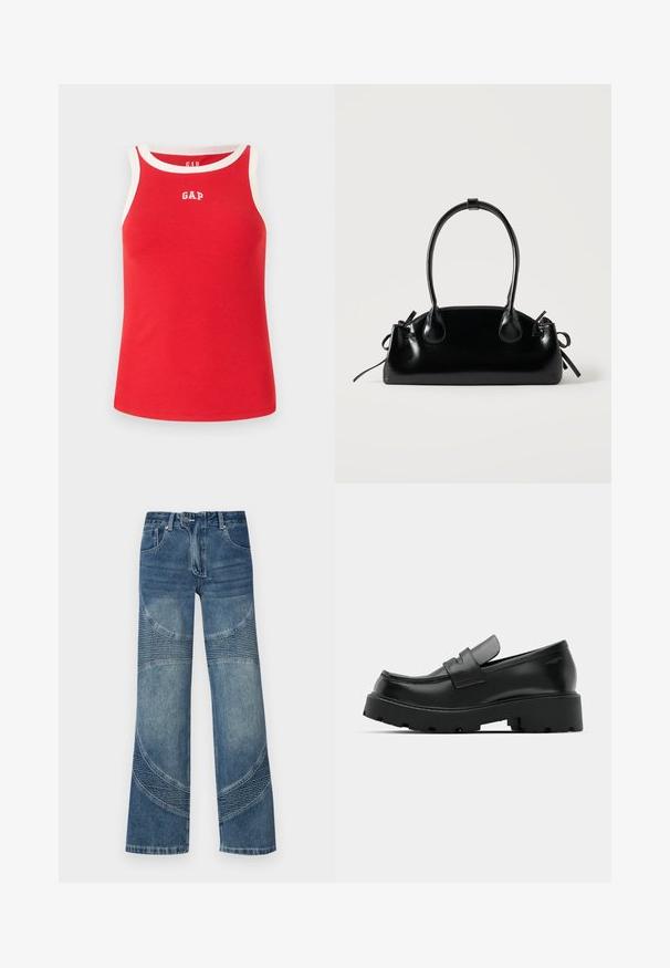 Rode geribde tanktop met witte rand en GAP-logo op de borst. Mouwloos ontwerp, ontspannen pasvorm, gemaakt van zacht katoen.; Hoge taille blauwe denim jeans met brede pijpen, voorzien van gebogen naaddetails en ribbelsecties aan de onderkant. Casual stijl.; Zwarte leren instappers met een chunky, gestructureerde zool, voorzien van een band over de voet en een gladde, gepolijste afwerking.; Kleine zwarte glanzende handtas met twee lange hengsels en zijkant trekkoord details op een effen lichte achtergrond.
