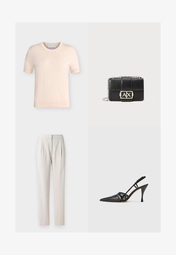 Camiseta de punto beige de manga corta con cuello redondo, puños y dobladillo acanalados, con un pequeño logo de cocodrilo Lacoste bordado en el pecho.; Pantalones tailored beige con una tela suave y mate. Presentan pliegues en la parte delantera y una cintura ajustada, con piernas rectas y slim.; Zapato de tacón alto de charol negro con punta afilada, diseño de tiras entrecruzadas y tacón de aguja delgado. Textura suave y acentos mínimos.; Bolso de mano de cuero negro con diseño acolchado, cadena plateada y un prominente logo "AX" en la parte frontal. Forma rectangular compacta.
