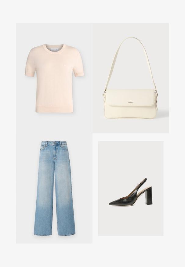 Beige strikket skjorte med kort ærme med ribstrikket rund hals, manchetter og kant, med en lille broderet Lacoste krokodille-logo på brystet.; Lyseblå brede jeans med høj talje, der har falmede ben, bæltestropper og traditionel metalknap samt lynlås lukning.; Sort dameslingback pumpe i læder med spids tå og tyk høj blokhæl på hvid baggrund.; Cremefarvet læder skuldertaske med flaplukning, sølvfarvet beslag, en enkelt justerbar rem og diskrete logodetaljer.