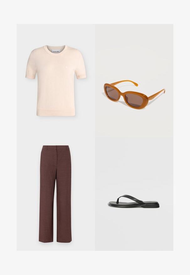 Chemise en maille beige à manches courtes avec col rond, poignets et ourlet côtelés, avec un petit logo crocodile Lacoste brodé sur la poitrine.; Pantalons larges marron en tissu texturé avec une finition lisse, présentant un devant plat, des passants de ceinture et des poches latérales.; Tongs noires en cuir lisse, avec un design de sangle fine et une semelle plate à profil minimal. Aucun motif ou accent notables.; Lunettes de soleil ovales marron avec des montures épaisses et des verres teintés foncés, reposant sur une surface blanche.