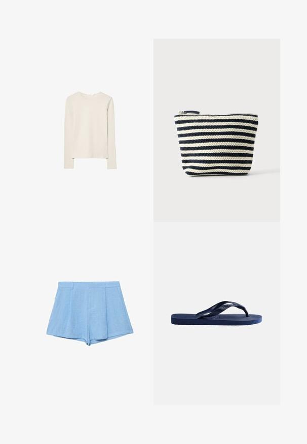 Lys beige langærmet top lavet af blød stof, med rund halsudskæring og en afslappet pasform med lige kant og minimal syning detaljer.; Lyseblå højtaljede skræddersyede shorts med bæltestropper og sidelommer, lavet af tekstureret letvægtsstof.; Mørkeblå gummiflipflop med tekstureret sål og en Y-formet strop på en ensfarvet lys baggrund.; Lille lynlåspung med vandrette sorte og hvide strikkede striber, flad bund og synlig lynlåstrækker øverst.