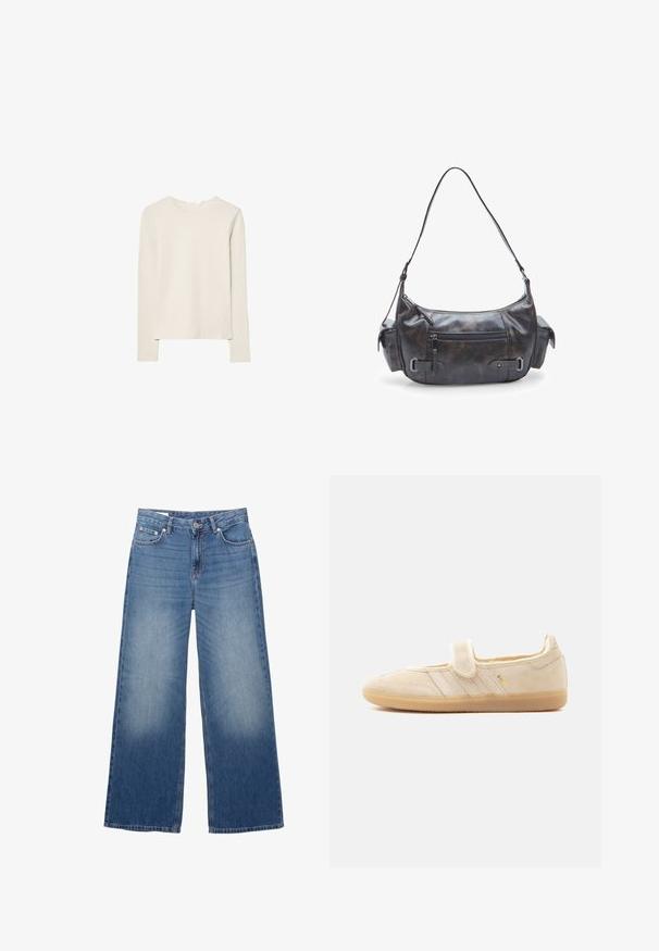 Lys beige langærmet top lavet af blød stof, med rund halsudskæring og en afslappet pasform med lige kant og minimal syning detaljer.; Blå brede jeans i denim med knap og lynlås foran, der har lommer foran og bagpå samt let falming på lårene.; Beige ruskind Mary Jane sneaker med velcrolukning, gummisål, tre syede striber og gyldent "SAMBA" branding på siden.; Mørkebrunt læder skuldertaske i en buet form, med en frontlomme med lynlås, justerbar strop og sidelommer. Glat tekstur.