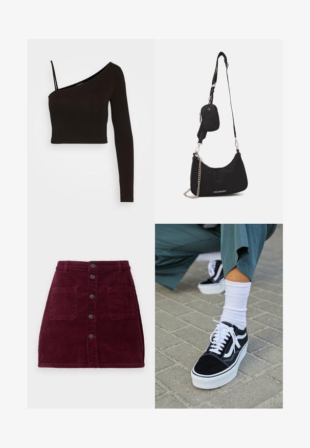 Even&Odd by Zalando Langærmet T-shirt - black; Burgunderfarvet kordfløjlsskjorte med høj talje, fem frontknapper og to forlommer; tekstureret stof med lodret ribbede mønster.; Sorte ruskinds sneakers med hvide accenter og snørebånd, der har en tyk hvid sål og kontrasterende syninger, parret med en hvid sok.; Sort nylon skuldertaske med en buet form, sølvfarvet kædeaccent, aftagelig mini-pung og justerbar rem; prydet med "Steve Madden" logo.