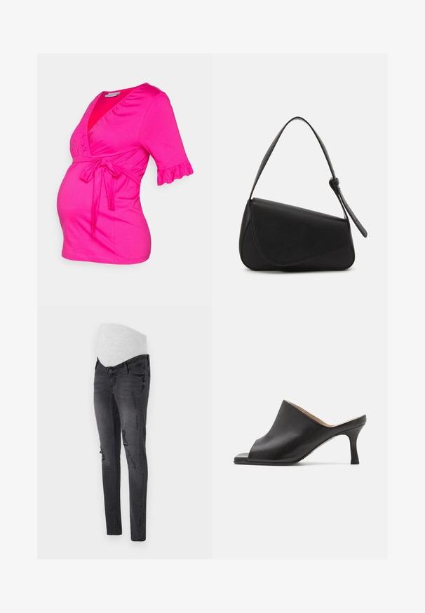 MAMALICIOUS MLHAZEL TESS - T-shirt basique - pink; Jeans de maternité en denim gris foncé avec une taille élastique, présentant des détails déchirés et une coupe slim.; Selected ASHLEY - Mules à talons - black; Sac à main en cuir noir de forme triangulaire, avec un rabat incliné et une poignée supérieure arrondie. Il présente une texture lisse et des détails de design minimalistes.