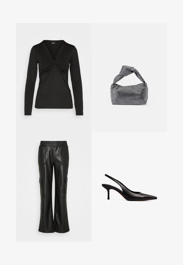 Gina Tricot PARTY TWISTED - Langarmshirt - black; Gina Tricot TROUSERS - Cargohose - black; NA-KD Pumps - black; Schwarz-silberne Handtasche mit einer strukturierten Oberfläche, die ein Diamantmuster aufweist, einem geknoteten Griff und einer strukturierten Form.