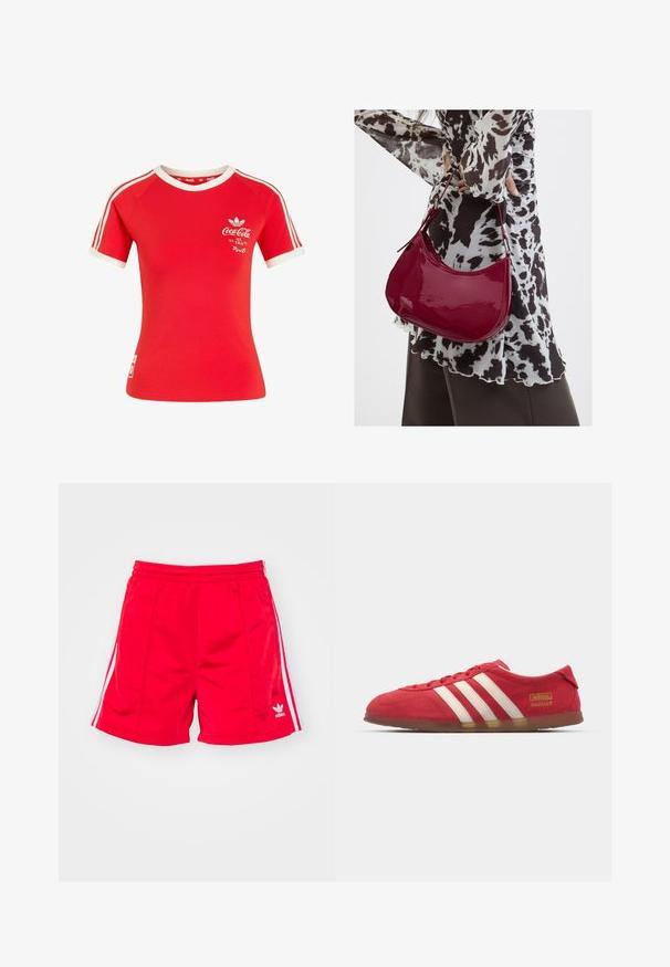 T-shirt rouge manches courtes Adidas avec des bandes blanches sur les manches, col blanc et logo Coca-Cola avec le texte « Ice Cold » sur la poitrine.; Shorts de sport rouges avec une taille élastique, présentant des rayures blanches sur les côtés et un logo brodé en bas à gauche. Texture lisse.; Baskets en daim rouge avec un design à trois rayures blanches, semelle plate et détail logo doré. Design bas avec bout arrondi et fermeture à lacets.; Femme portant un chemisier à motif noir et blanc tenant un sac à main rouge brillant sur un fond uni.