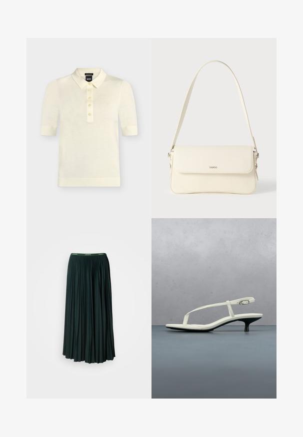 Polo crème à manches courtes avec cinq boutons, poignets et ourlet côtelés, col pointu, étiquette de la marque visible à l'intérieur du col.; Jupe longue plissée de couleur vert foncé avec une large ceinture arborant le nom de la marque "LACOSTE" en lettres vertes contrastantes.; Sandale blanche à talon kitten avec des lanières et un bout pointu, flottant au-dessus d'un sol en carrelage en bois en plein air avec un arrière-plan flou de plante et de mur.; Sac à bandoulière en cuir couleur crème avec fermeture à rabat, quincaillerie argentée, une bandoulière réglable et un logo discret.