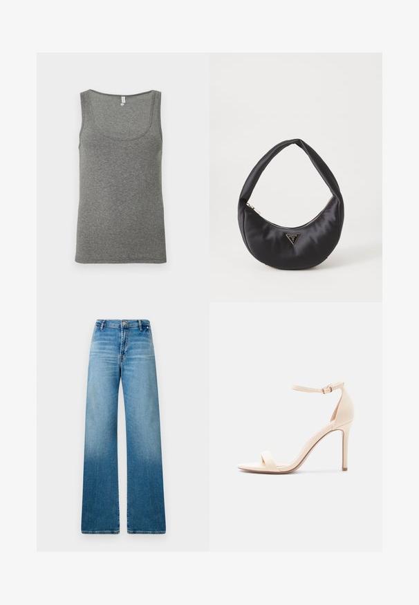 Grå ribbet tanktop med scoop-udskæring, ærmeløs design og en glat tekstur, der slutter i hoftehøjde.; Bredde jeans i lyseblå denim med klassisk fem-lomme design og en subtil gradient tekstur fra mørkere til lysere blå.; Beige højhælet sandal med ankelrem og åben tå, glat finish og slank stiletthæl på hvid baggrund.; Sort satin håndtaske med en buet form, der har en lynlåslukning og et trekantet logo i metal på forsiden. Glat tekstur og slankt design.