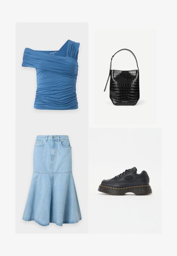 Blauwe off-shoulder top van rekbare stof met ruching details aan de zijkanten en een enkele brede band. Glad textuur.; Lichtblauwe denim rok met een uitlopende onderkant, voorzien van een getailleerde taille, zakken en subtiele stikdetails.; Zwarte leren sneaker met een gestructureerde afwerking, ronde neus en een dikke platformzool. Bevat gele accentstiksels en een merklogo aan de zijkant.; Zwarte embleem van krokodillenleer met een enkele schouderriem en een klein zilveren merkembleem aan de onderkant van de voorkant.