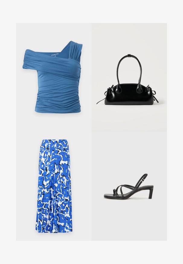 Blauwe off-shoulder top van rekbare stof met ruching details aan de zijkanten en een enkele brede band. Glad textuur.; Lange rok met een blauw-wit abstract patroon, lichtgewicht stof, brede tailleband en een rechte silhouet met zijsplitsingen.; Zwarte sandaal met bandjes, vierkante teen en een lage blokhak. Voorzien van meerdere dunne bandjes en een verstelbare enkelband. Gemaakt van zacht leer.; Kleine zwarte glanzende handtas met twee lange hengsels en zijkant trekkoord details op een effen lichte achtergrond.