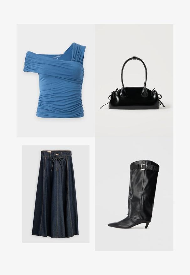 Haut bleu, à épaules dénudées, en tissu extensible avec des détails froncés sur les côtés et une conception à une seule bretelle large. Texture lisse.; Levi's® XL SKIRT - Jupe en jean - square circle; Botte noire en cuir, montante jusqu'au genou, avec un bout pointu et un petit talon. Présente une ceinture en haut avec une boucle en métal argenté. Texture lisse.; Petit sac à main noir brillant avec deux longues anses et des détails à cordon sur les côtés sur un fond clair uni.