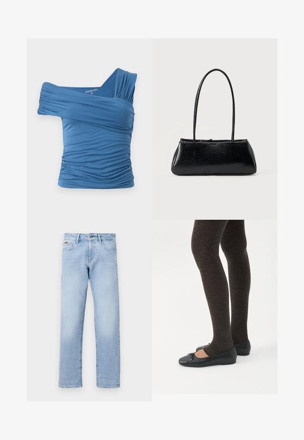 Top azul, sin mangas y con un solo tirante, hecho de un tejido elástico con detalles fruncidos en los laterales. Textura suave.; Jeans rectos de mezclilla de color azul claro; cuentan con un cierre frontal de botón, diseño clásico de cinco bolsillos y un ligero desgastado para añadir textura.; Piernas con leggings oscuros acanalados combinados con bailarinas negras que presentan pequeños detalles de lazo sobre un fondo blanco.; Bolso de hombro rectangular negro con correas largas y delgadas y una textura lisa y brillante sobre un fondo liso.