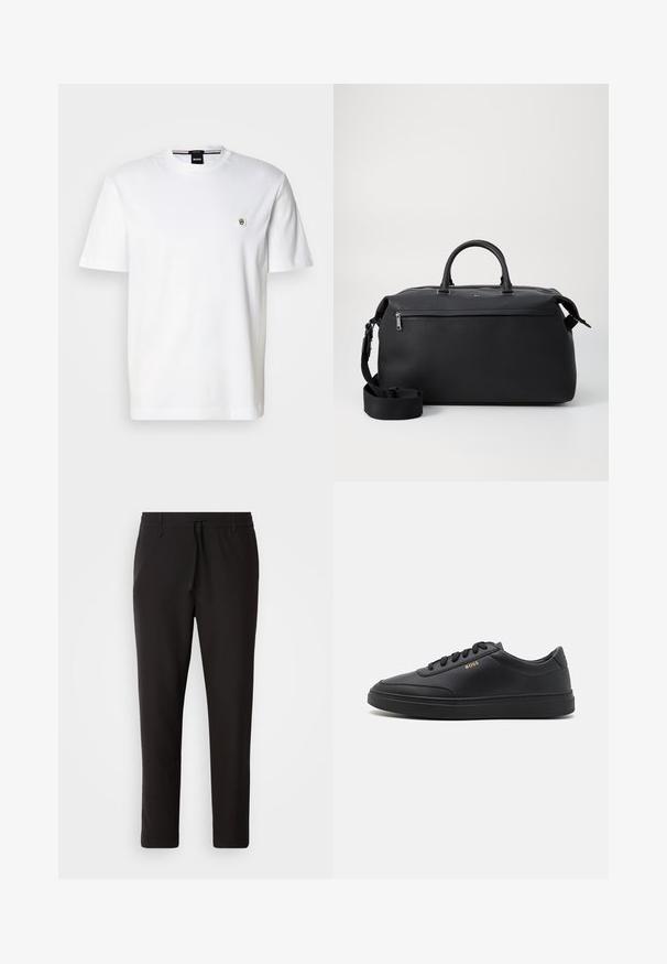 T-shirt en coton blanc avec un col rond, des manches courtes et un petit logo sur la poitrine gauche. Texture lisse, coupe classique.; Pantalons de jogging noirs en tissu lisse. Dotés d'une taille élastique avec cordon de serrage, jambes fuselées, et sans poches visibles. Design simple.; Baskets en cuir noir avec une texture lisse, bout rond, semelle en caoutchouc plate et lacets ton sur ton. Présente une marque "BOSS" dorée sur le côté.; Sac de voyage en cuir noir avec deux poignées supérieures, une bandoulière amovible et une poche avant zippée pour un espace de rangement supplémentaire.