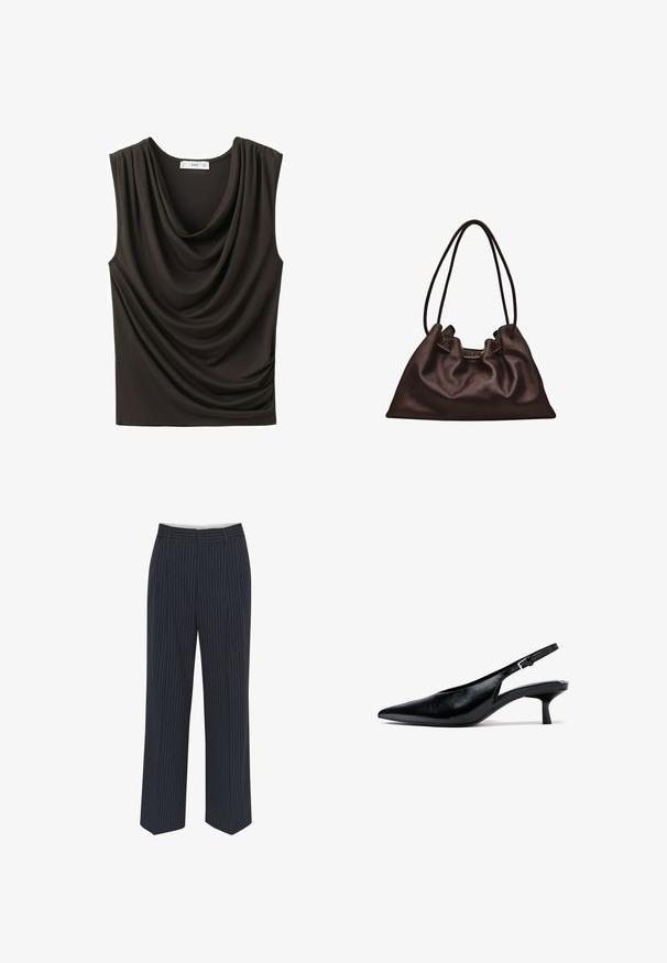 Haut noir sans manches avec encolure drapée et doux plis sur un côté, en tissu lisse.; Pantalons bleu marine avec des rayures verticales blanches, design à jambes larges, tissu lisse, passants de ceinture et pli sur le devant pour un look ajusté.; Escarpin slingback en cuir noir à talon kitten, avec bout pointu et bride réglable avec boucle, sur fond blanc.; Sac à main en cuir brun foncé souple avec une forme flasque et deux fines bretelles sur fond blanc.