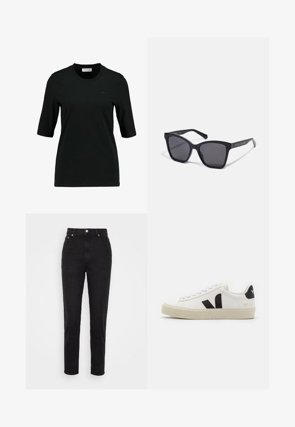 Čierne tričko s okrúhlym výstrihom a krátkymi rukávmi. Na hrudi je výrazné, monochrómne logo Lacoste s textúrovaným povrchom. Hladká tkanina.; Čierne vysoké slim-fit džínsy so zapínaním na gombík vpredu, pútkami na opasok a dizajnom s piatimi vreckami na bielom pozadí.; Biele kožené tenisky s čiernym gumovým logom V. Textúrovaná svetlo krémová podrážka, biele šnúrky a detail na zadnej päte s názvom značky v čiernej farbe.; Čierne obdĺžnikové slnečné okuliare s tmavými sklami a lesklými rámami. Obsahuje strieborné označenie po stranách. Štvorcový tvar s pevným rámom.