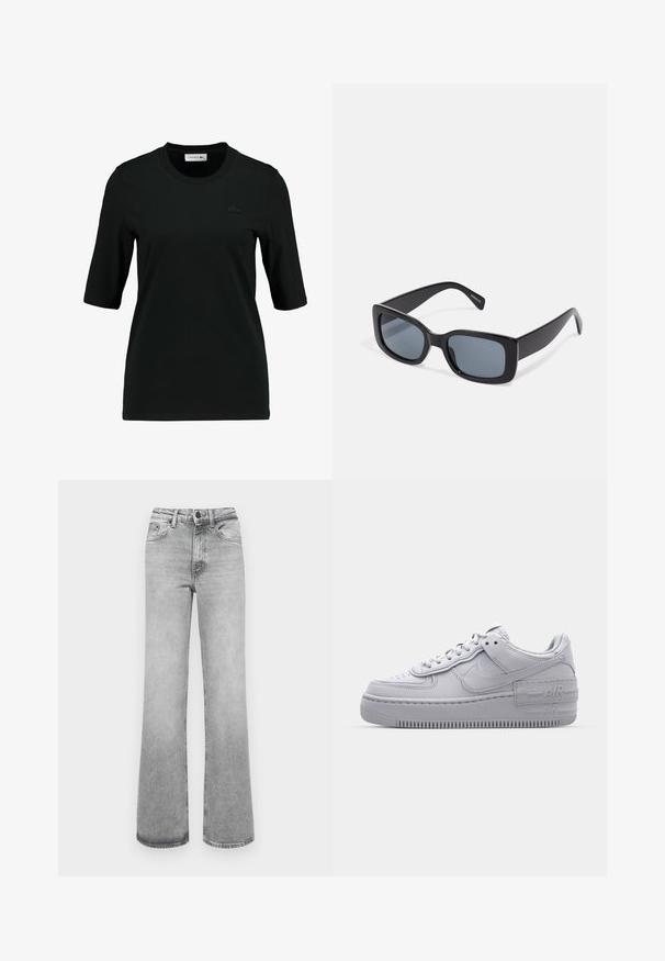 Schwarzes T-Shirt mit rundem Ausschnitt und kurzen Ärmeln. Verfügt über ein strukturiertes, einfarbiges Lacoste-Logo auf der Brust. Glattes Material.; Helle graue, ausgebleichte gerade Jeans mit Fronttaschen, Gürtelschlaufen sowie einem Knopf- und Reißverschluss.; Graue Nike Air Force 1 Sneaker mit perforierter Zehenpartie, Obermaterial aus glattem Leder, dicker Sohle und geprägtem 'AIR'-Detail an der Ferse.; Schwarze rechteckige Sonnenbrille mit dunkel getönten Gläsern, dickem Kunstrahmen und breiten Bügeln. Glatte Oberfläche und kantiges Design.