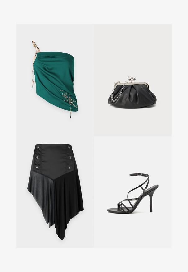 Teal draped top van textuurstof, verstelbare kralenbandjes en geborduurde details in contrasterende kleuren langs de zoom.; Zwarte asymmetrische rok met een mix van matte en textuurstoffen, voorzien van zilveren knoopdetails op de taille en een gelaagde zoomontwerp.; Zwarte hoge hakken sandaal met dunne banden, een enkelgesp, een gladleren oppervlak en een slanke stilettohak.; Zwarte leren clutch met geplooide textuur, zilverkleurig metalen frame, drukknopsluiting en kettingriem. Glad, zacht oppervlak.