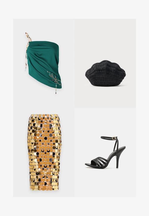 Teal draped top van textuurstof, verstelbare kralenbandjes en geborduurde details in contrasterende kleuren langs de zoom.; Rabanne Kokerrok - brown/black; Zwarte strappy hoge hak sandaal met een slanke enkelband, open teen en een gladde afwerking. Heeft een slanke hak en een gestructureerd bandontwerp.; Zwarte gevlochten handtas in de vorm van een sint-jakobsschelp met een gebogen bovenkant en een geweven textuur op een effen achtergrond.