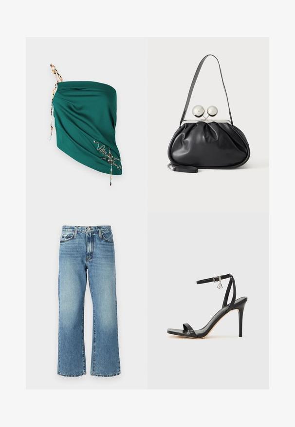 Teal draped top van textuurstof, verstelbare kralenbandjes en geborduurde details in contrasterende kleuren langs de zoom.; Lichtblauwe denim jeans met een wijd beenontwerp, vijf zakken en een knoopsluiting. De stof heeft subtiele vervaging en een klassieke textuur.; Zwarte sandaal met hoge hak, smalle enkelband, vierkante neus, soepel leermateriaal en metalen gespsluiting.; Zwarte leren handtas met een geplooid ontwerp, een enkele schouderband, zilverkleurige metalen omlijsting en twee grote ronde zilveren sluitingen.