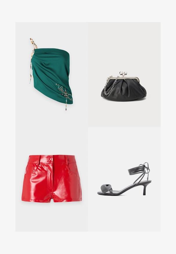Teal draped top van textuurstof, verstelbare kralenbandjes en geborduurde details in contrasterende kleuren langs de zoom.; Rode faux leren shorts met een glanzende afwerking, met een hoge taille, zijzakken en stiksels. Gelaagd, aansluitend ontwerp.; Grijze leren sandaal met hak, voorzien van een geknoopte band bij de tenen en wikkellinten rond de enkel op een slanke sandaal met een middenhoge hak, tegen een witte achtergrond.; Zwarte leren clutch met geplooide textuur, zilverkleurig metalen frame, drukknopsluiting en kettingriem. Glad, zacht oppervlak.