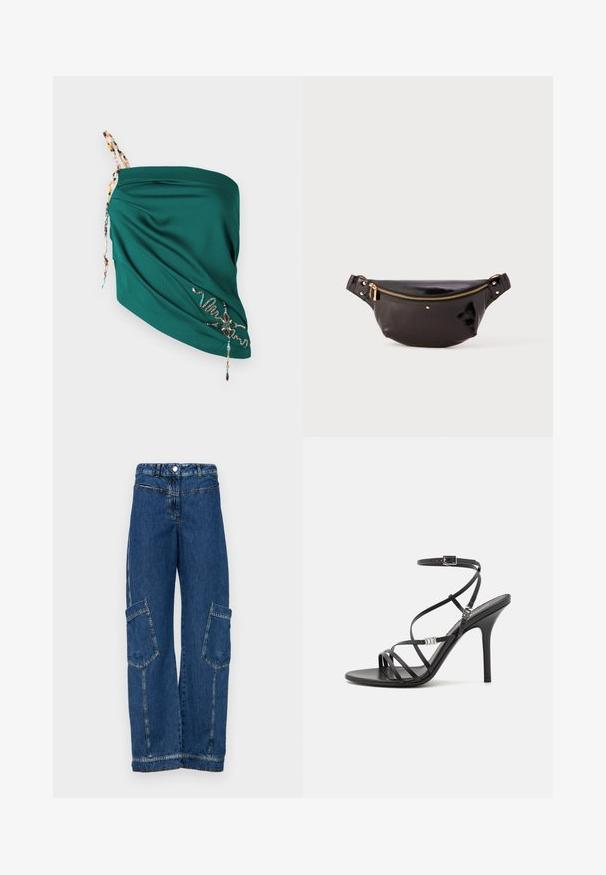Teal draperet top med tekstureret stof, justerbare perle-stropper og broderede detaljer i kontrastfarver langs kanten.; Blå denim cargo bukser med høj talje, brede ben, to store sidelommer samt traditionelle nitter og syninger.; Sort højhælet sandal med tynde stropper, en ankelspænde, en glat læderoverflade og en slank stilethæl.; Sort, blank, læder bæltetaske med et buet design, guld lynlås accent, justerbar strop og små dekorative hardware.
