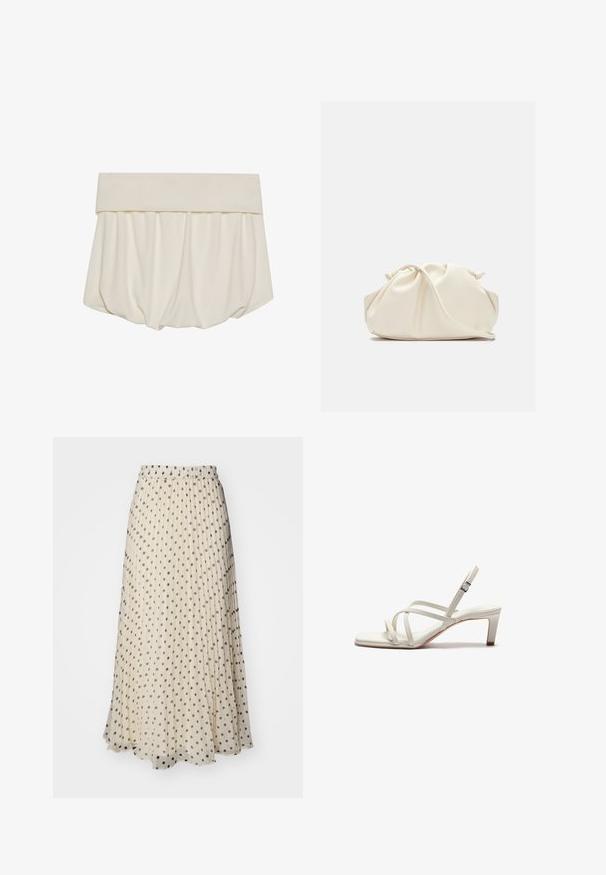 Cream-colored skirt with a wide, folded waistband and gathered fabric forming a loose, balloon-like shape. Smooth, soft texture.; Pleated maxi skirt in cream fabric, featuring evenly spaced dark polka dots. Elastic waistband for comfort and flowy hemline.; Zign Classic heels - off white; Soft, cream-colored leather clutch bag with gathered, ruched design and a thin shoulder strap resting at the front on a plain background.