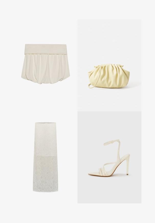 Jupe crème avec une large ceinture pliée et un tissu froncé formant une silhouette lâche en forme de ballon. Texture lisse et douce.; Abat-jour en dentelle blanc, de forme cylindrique avec un motif floral, texture transparente, et bord supérieur lisse. S'adapte à un support d'ampoule standard.; Sandales à talons hauts beiges avec un bout pointu, comportant trois brides à l'avant et une fine bride à la cheville avec une boucle. Texture lisse, design minimaliste.; Sac à main plissé jaune en simili cuir lisse, arborant une forme douce avec une bandoulière unique et un design froncé sur le dessus.