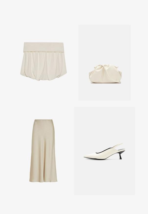 Crème-kleurige rok met een brede, gevouwen tailleband en gathered stof die een losse, ballonachtige vorm vormt. Glad, zacht textuur.; Beige satijnen maxi-rok met een zachte textuur, A-lijn silhouet en een taille die soepel naar de zoom vloeit, waardoor een subtiele drapering ontstaat.; Crèmekleurige slingback schoen met puntige neus, lage zwarte kittenhak en een gladde leren afwerking op een witte achtergrond.; Zachte, crèmekleurige leren clutch met geplooid, gerimpeld ontwerp en een dunne schouderriem die vooraan op een effen achtergrond ligt.