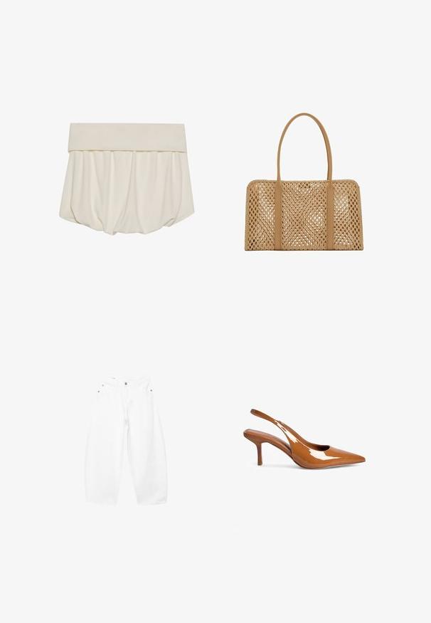 Crème-kleurige rok met een brede, gevouwen tailleband en gathered stof die een losse, ballonachtige vorm vormt. Glad, zacht textuur.; Witte katoenen jeans met wijde pijpen, vooraan knoop- en ritssluiting, riemlussen en vijfzakkenstijl.; Bruine gepatineerde leren slingback hak met een spitse neus en een 5 cm hoge stilettohak. Kenmerkt zich door een strak ontwerp en een gladde, glanzende afwerking.; Rechthoekige lichtbruine geweven handtas met twee lange, gladde handvatten en een open rasterpatroon over het gehele lichaam van de tas.