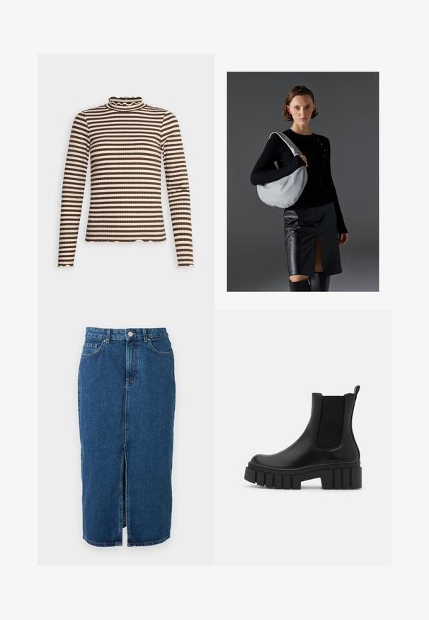 JDY JDYFRANSISKA L/S STRIPE JRS NOOS - Langærmet T-shirt - chocolate brown/sandshell; Mid-lang blå denimnederdel med frontcenter slids, bæltestropper, forlommer og knaplukning i taljen.; Sort læder Chelsea-støvle med tyk, ribbet platformsål og elastiske sidesektioner, vist mod en ensfarvet lys baggrund.; Hobo taske i lysegrå, blødt materiale, rund form. Stylet med en sort langærmet top og en sort lædernederdel med en forkantsslids.